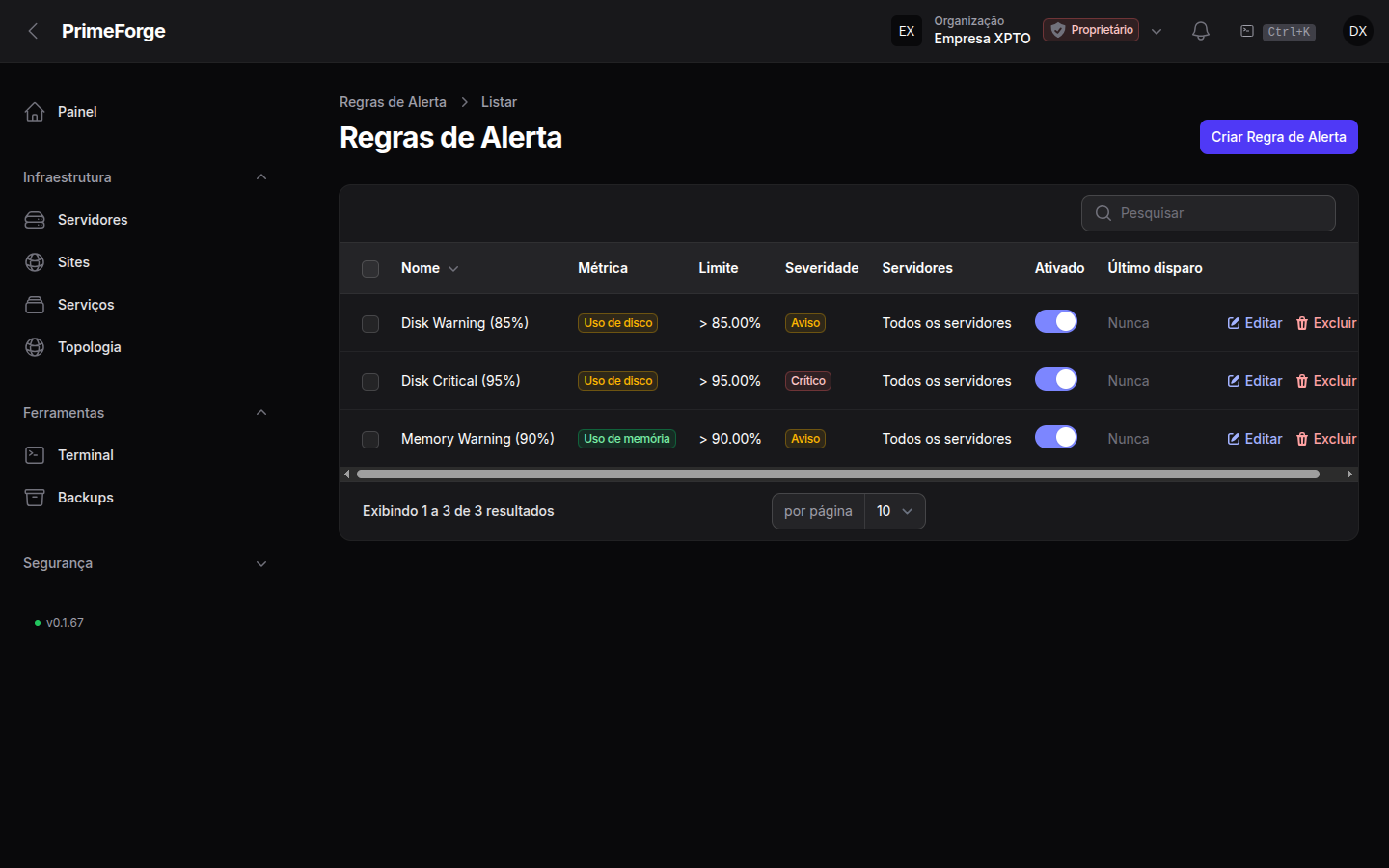 Lista de regras de alerta