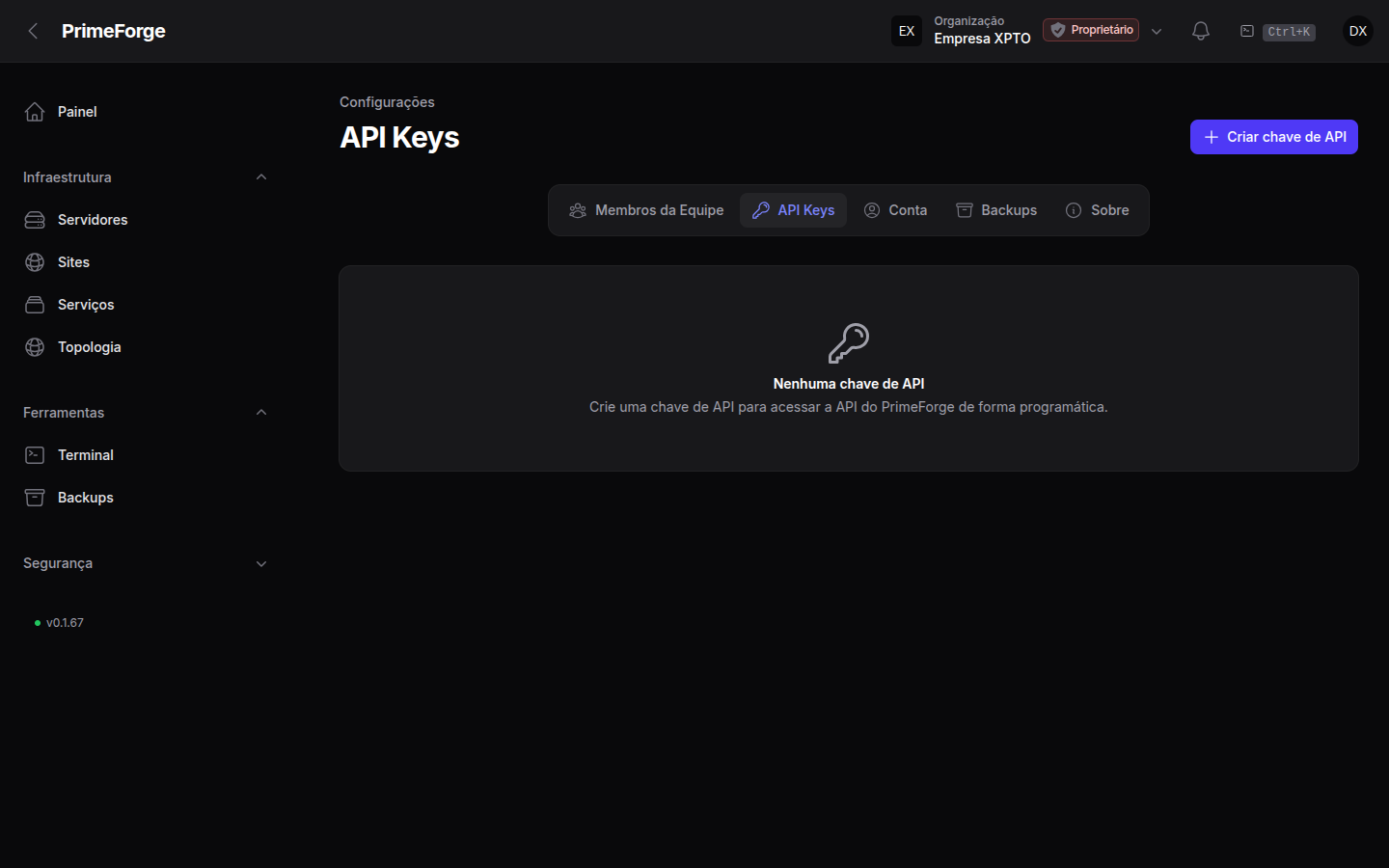 Aba de API Keys com a lista de tokens da organização