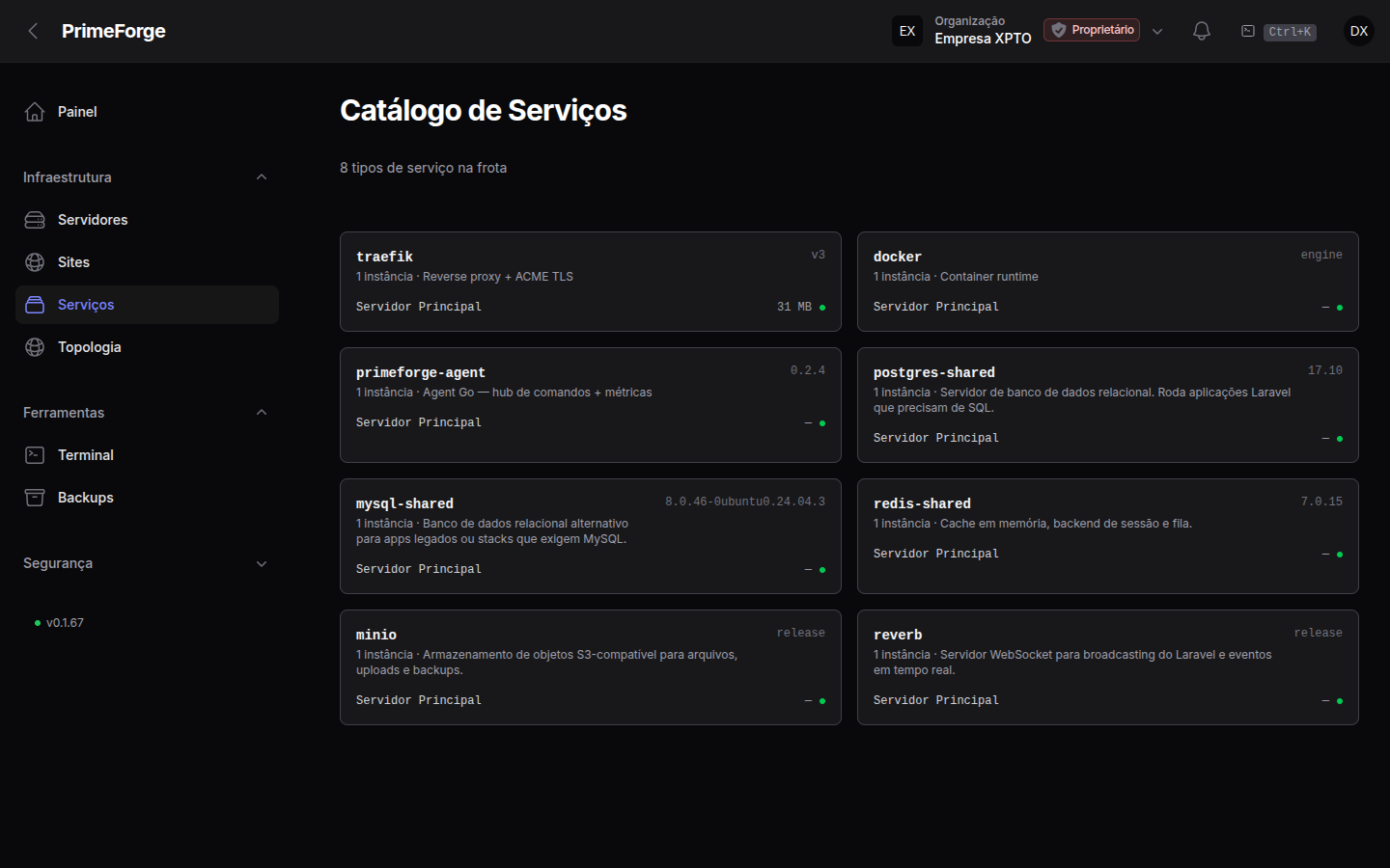 Catálogo de serviços com os serviços disponíveis e onde rodam na frota