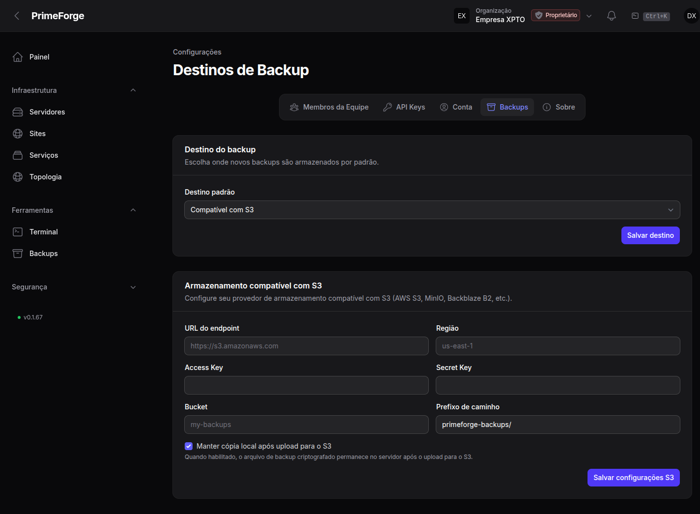 Configurações de backup da organização