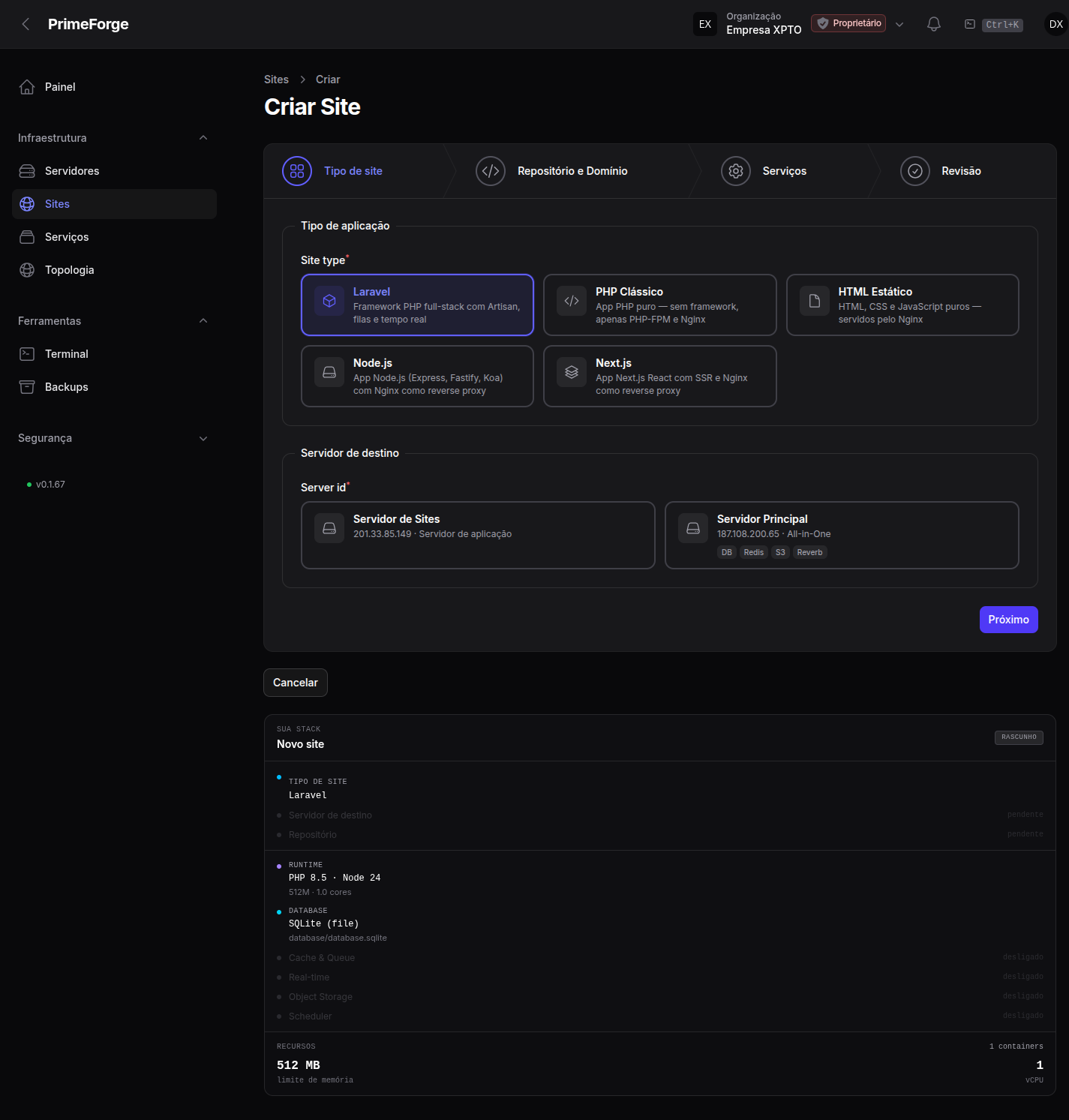 Assistente de criação de site — informações básicas