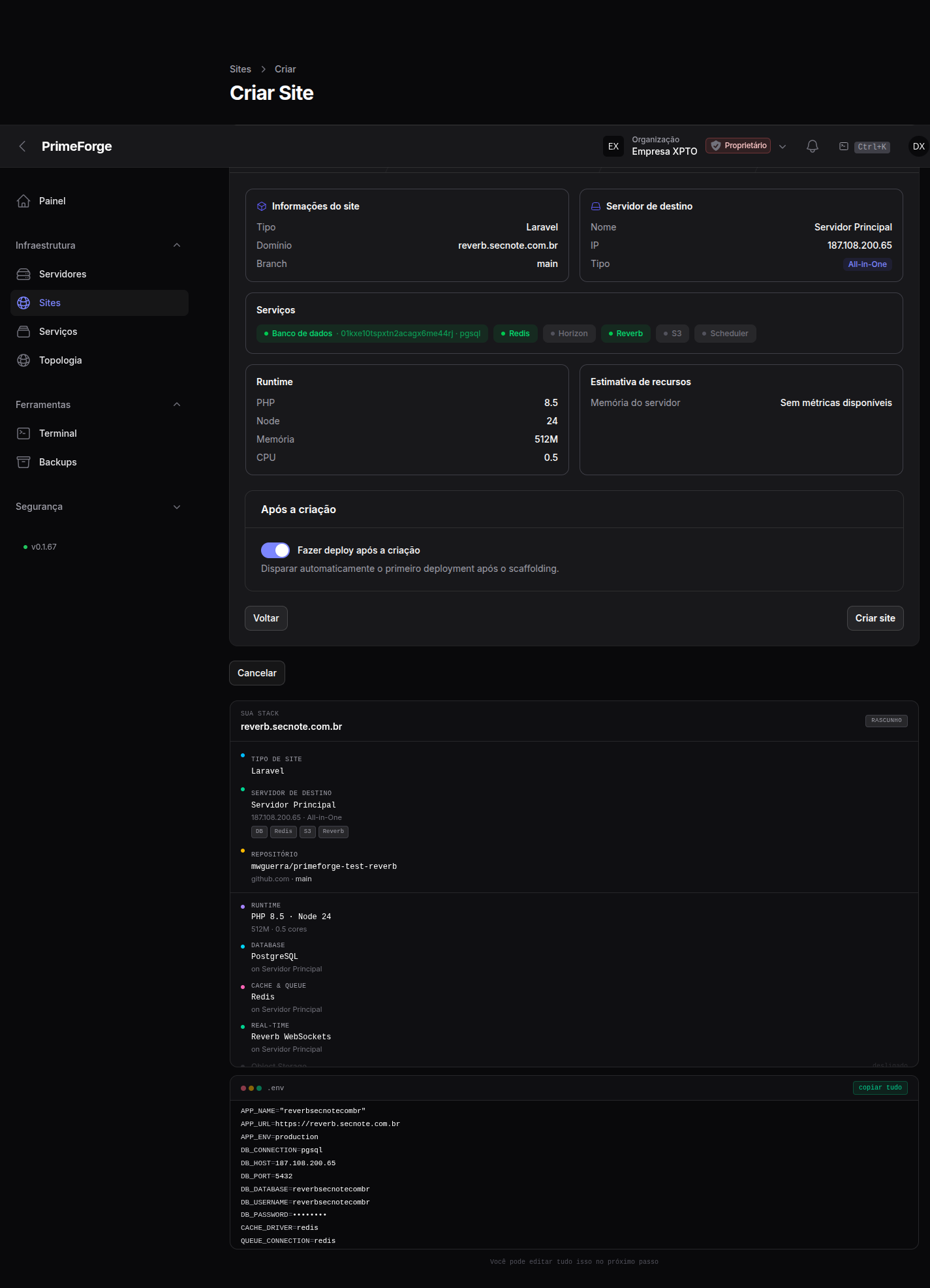 Assistente de criação de site — revisão