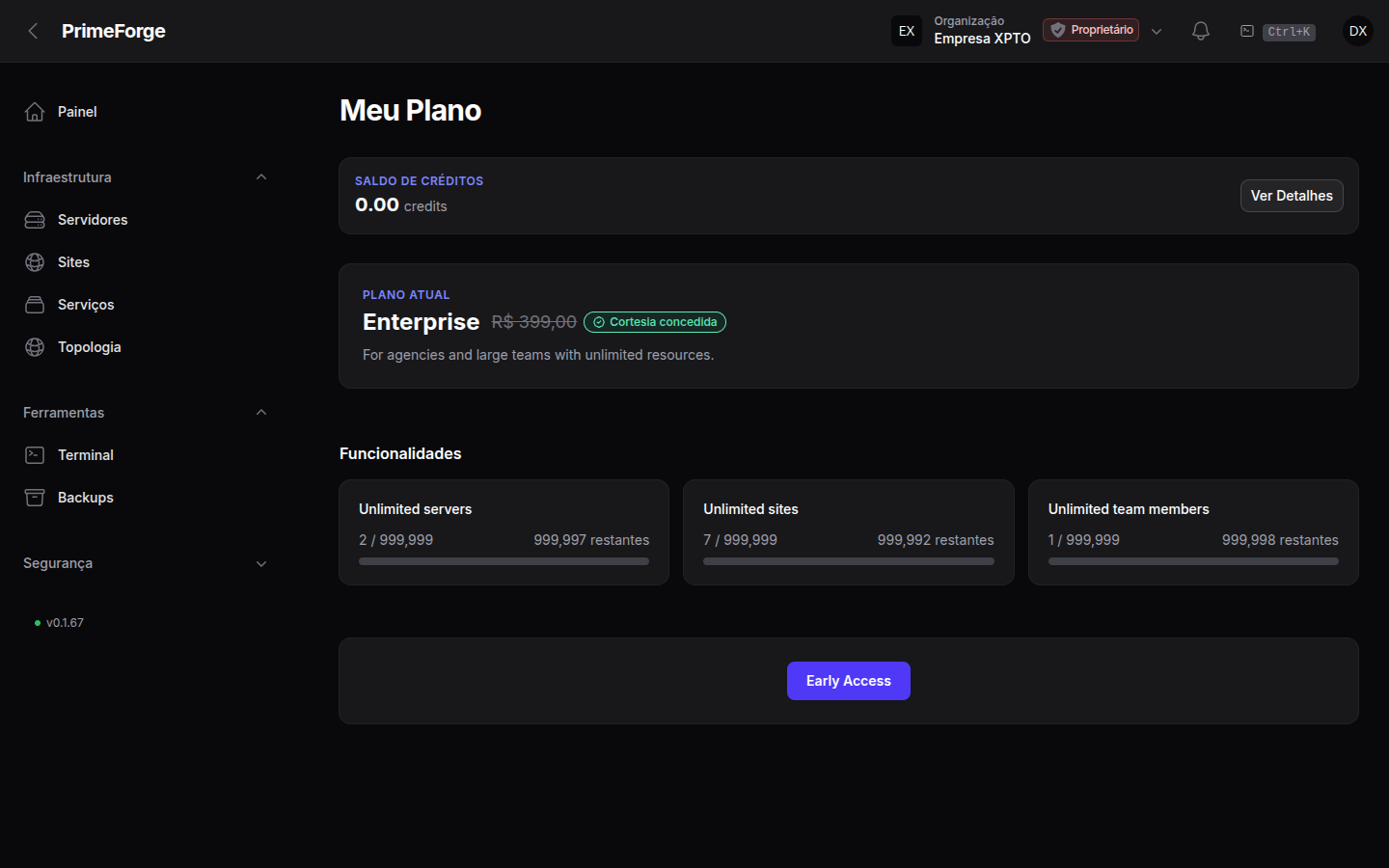 Página Minha Assinatura mostrando o plano atual da organização e os limites de uso