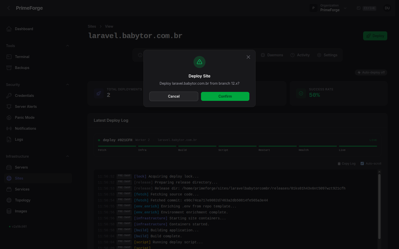 Modal de confirmação de deploy manual