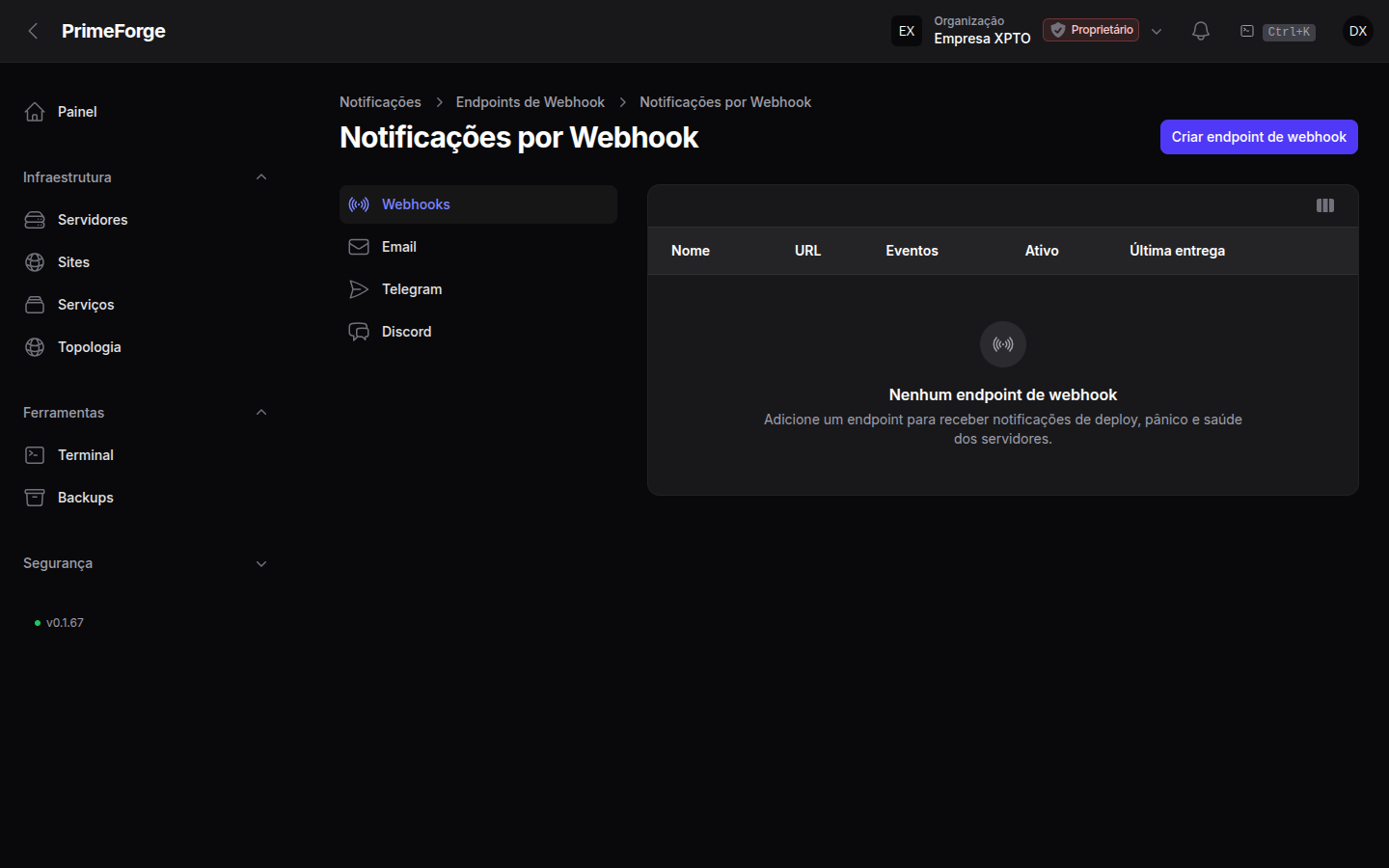 Webhook endpoints em Notificações