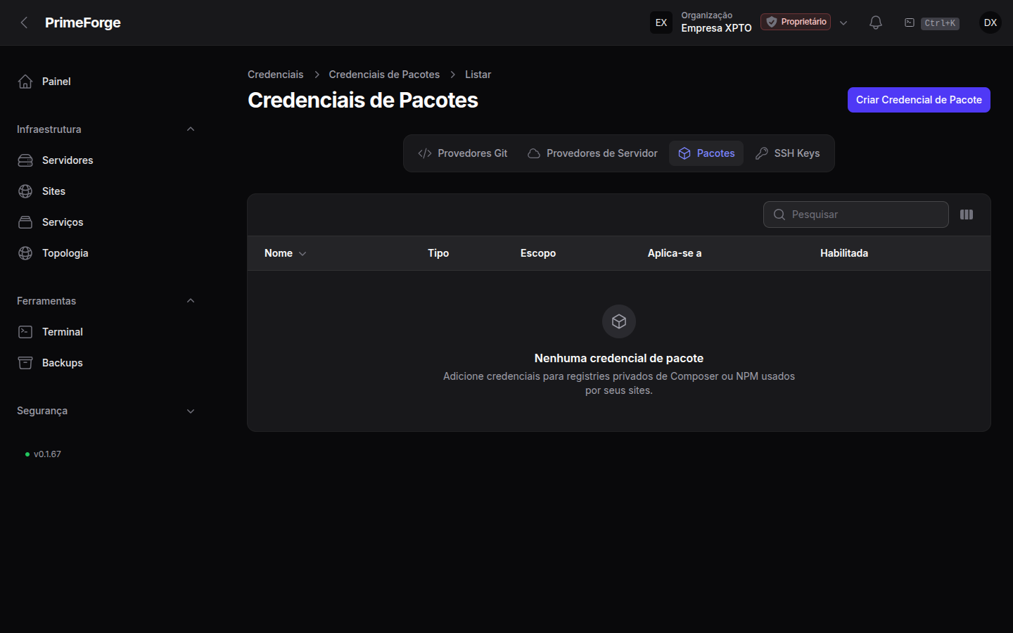 Credenciais de pacotes