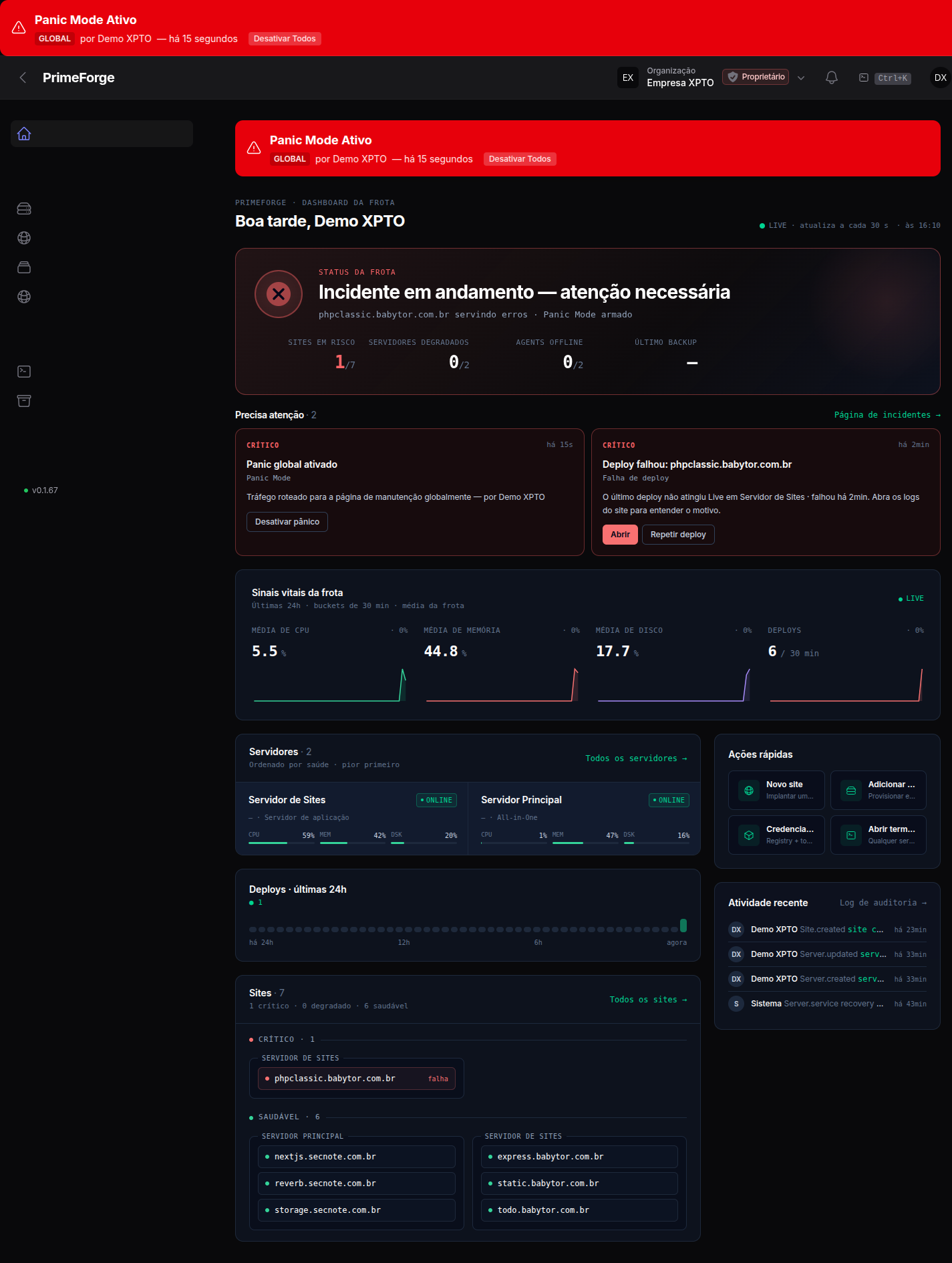 Banner de incidente indicando que o site está em Modo de Pânico