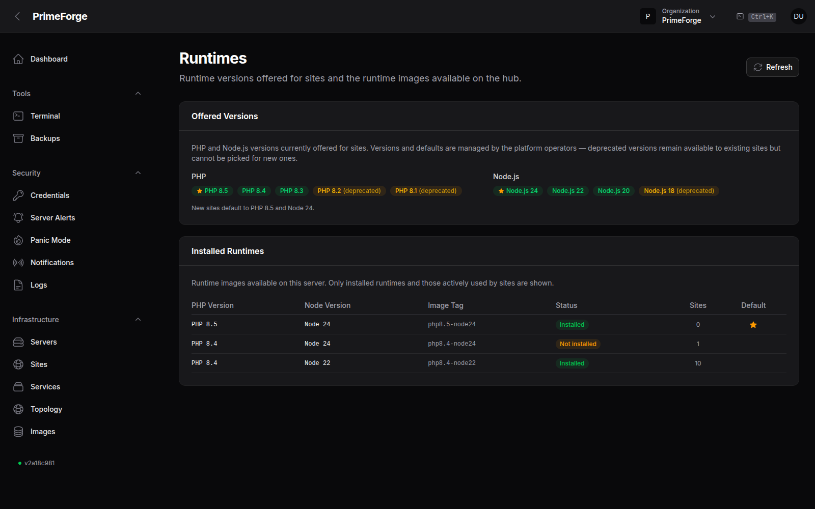 Página de versões de runtime