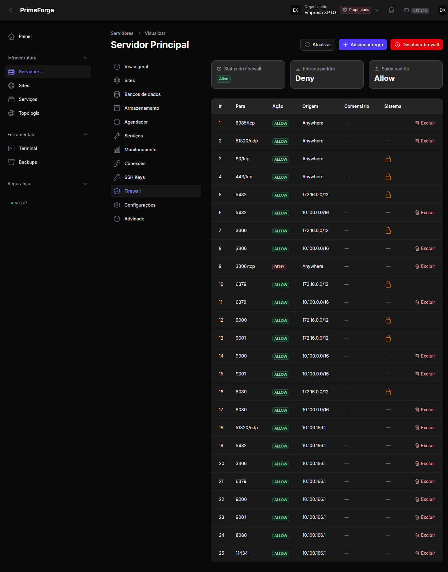 Página de firewall com status do UFW e tabela de regras