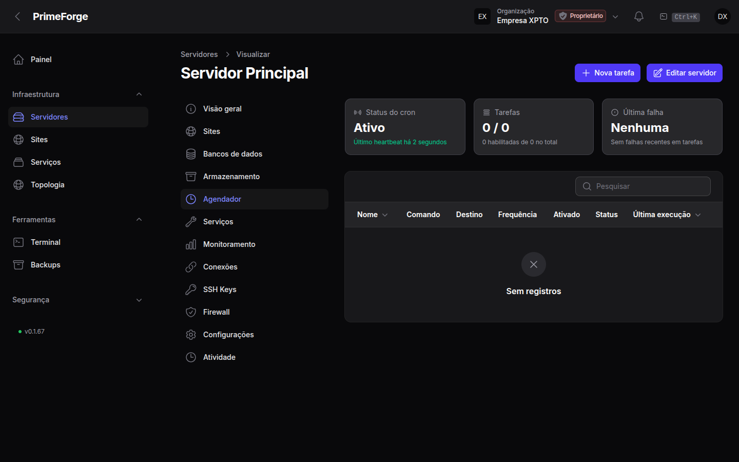 Página do agendador com tarefas cron por servidor