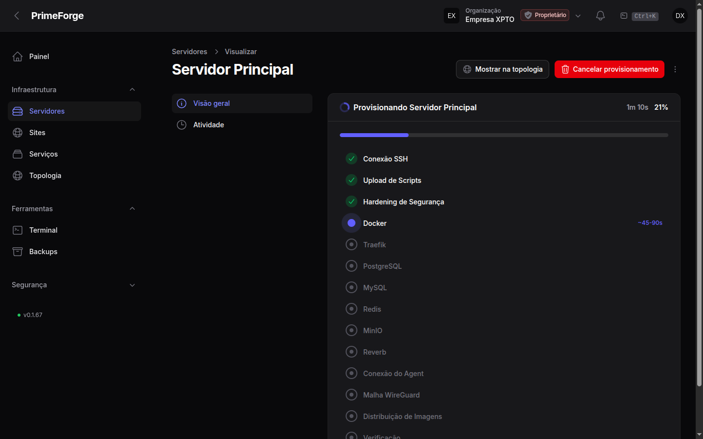 Tela de progresso do provisionamento com o checklist de etapas