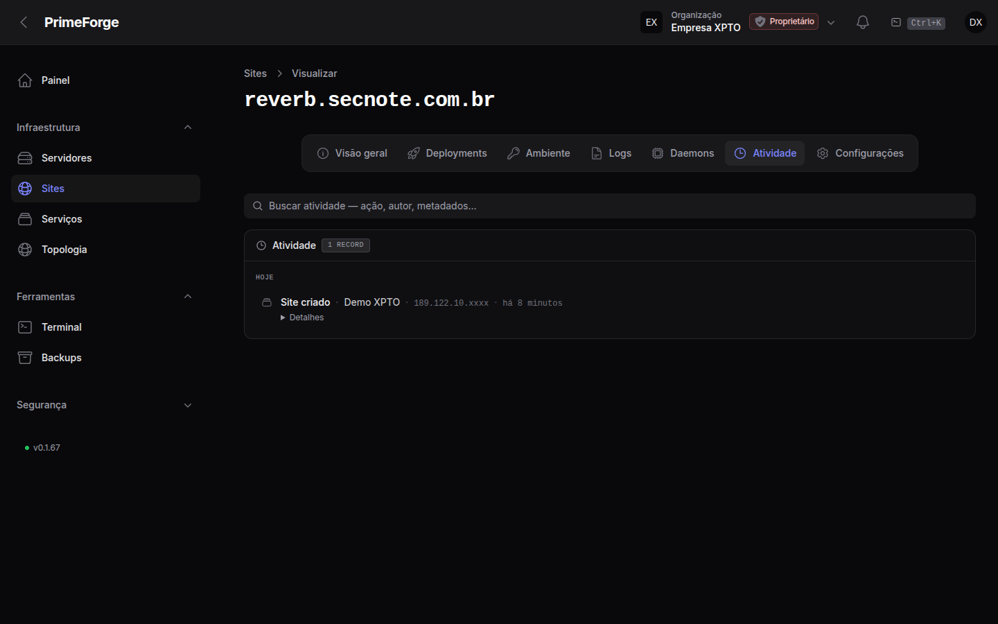 Aba de atividade do site