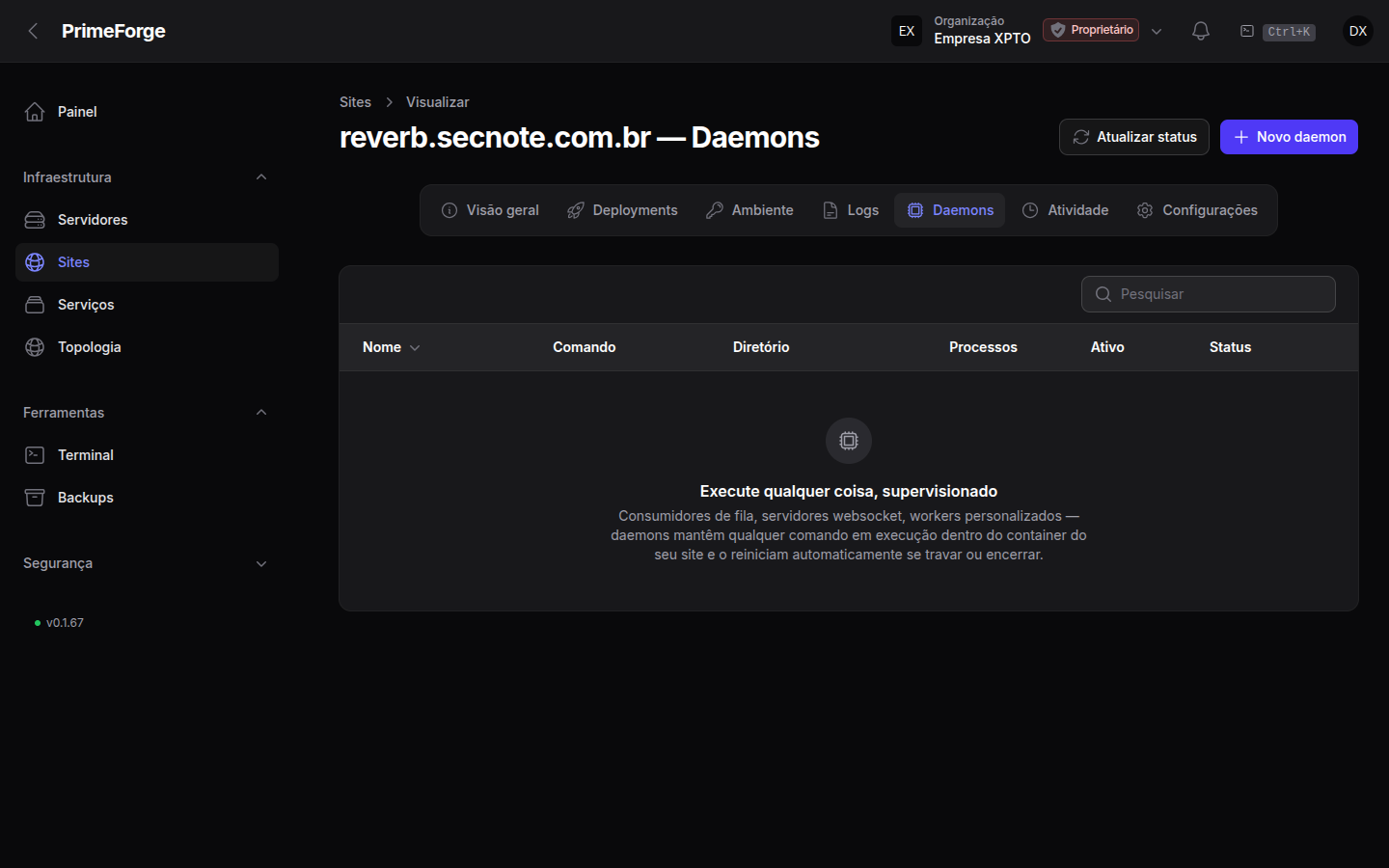 Página de Daemons de um site, com a lista de processos supervisionados