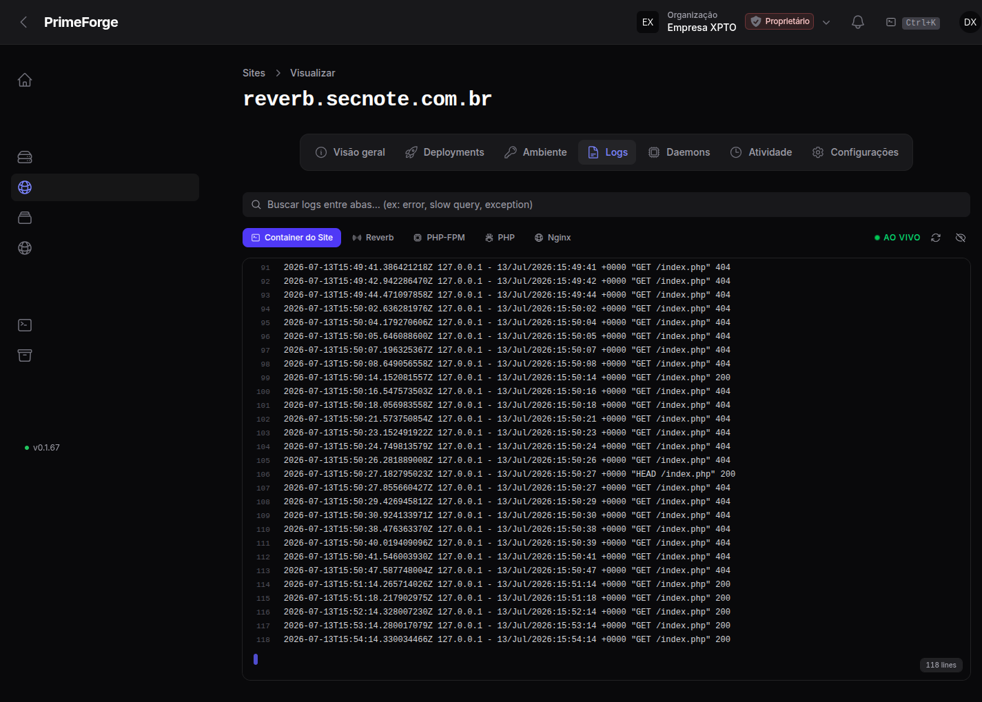 Aba de logs do site