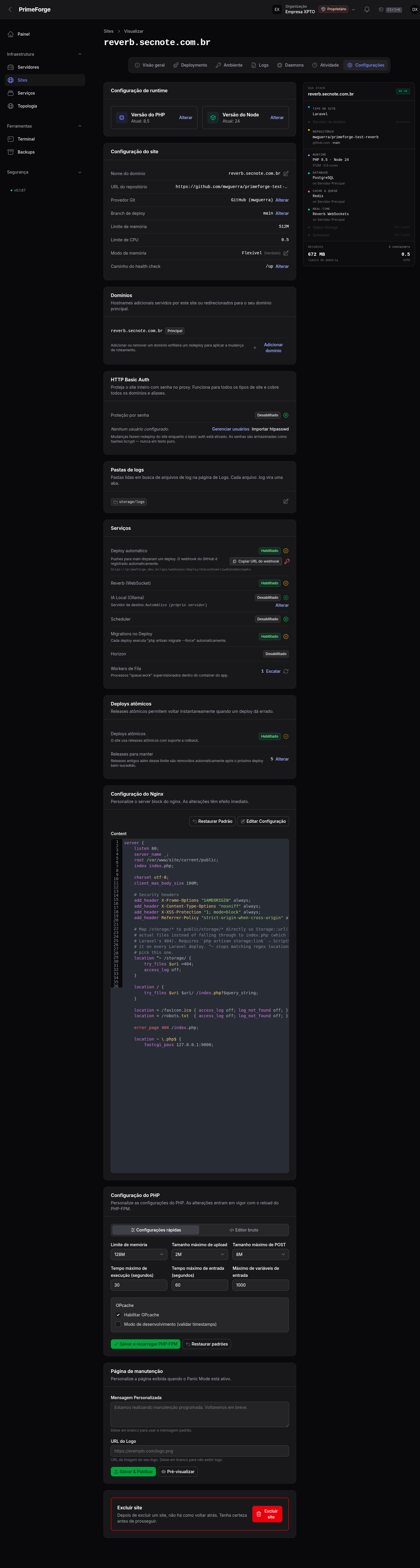 Configurações do site, onde fica o toggle de rodar migrações