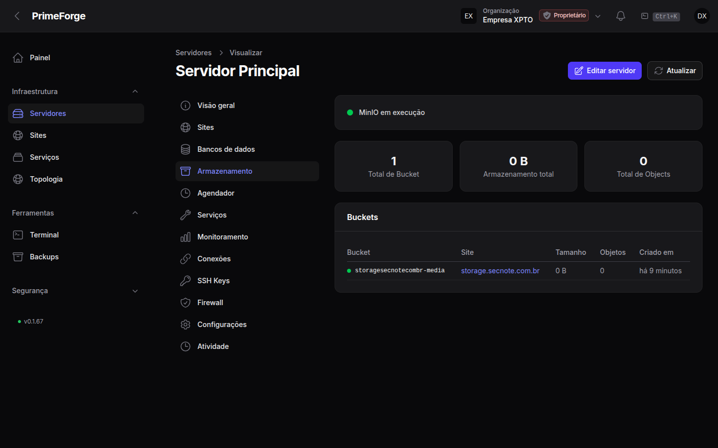 Página de armazenamento com buckets MinIO, mapeamento por site e limpeza de órfãos